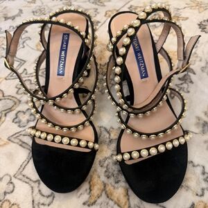 Stuart Weitzman Black Velvet Pearl Strappy Heels